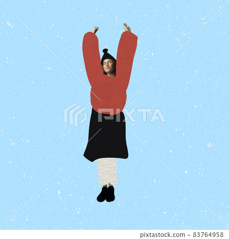 Modern design, contemporary art collage. Inspiration, idea, trendy urban magazine style. Girl wearing warm winter clothes Modern design, contemporary art collage. Inspiration, idea, trendy urban magazine style. Girl wearing warm winter clothes 83764958