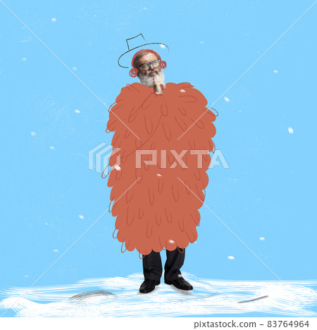 Modern design, contemporary art collage. Inspiration, idea, trendy urban magazine style. Senior man wearing warm winter clothes 83764964