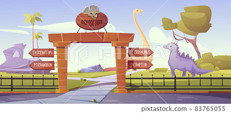 Jurassic park gates with pointers to dinosaur area Jurassic park gates with pointers to dinosaur area 83765055