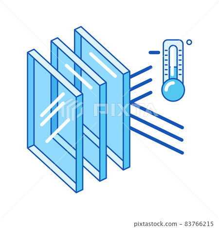 Keeping cold temperature inside house with glass layers. Cross section double glazed window. Infographics showing properties. 83766215