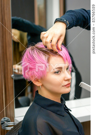 Female hairdresser styling short pink hair of the young white woman with hands and comb in a hair salon. Female hairdresser styling short pink hair of the young white woman with hands and comb in a hair salon. 83766589