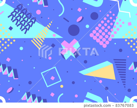 Geometric seamless pattern in 80s memphis style. Isometric geometric 3D shapes. Trendy retro background for printing on paper, promotional materials and fabric. Vector illustration 83767083