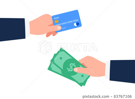 Hands holding a credit plastic card and money. Financial operations, transactions, investments, and payment concept. Vector flat illustration. Hands holding a credit plastic card and money. Financial operations, transactions, investments, and payment concept. Vector flat illustration. 83767106