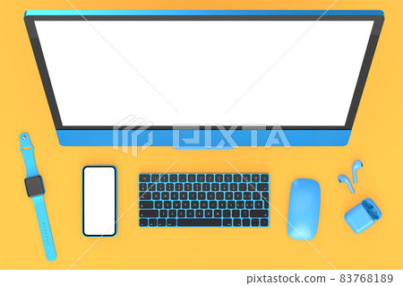 Desktop computer with mouse, smartwatch, phone and headphones on yellow Desktop computer with mouse, smartwatch, phone and headphones on yellow 83768189