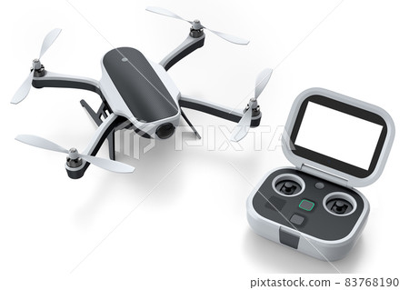 Photo and video drone or quad copter with action camera and remote on white 83768190