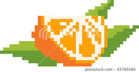 Pixel-art style slice of orange with green leaves. Vector 8-bit slice of orange isolated in white background.Print Pixel-art style slice of orange with green leaves. Vector 8-bit slice of orange isolated in white background.Print 83769266