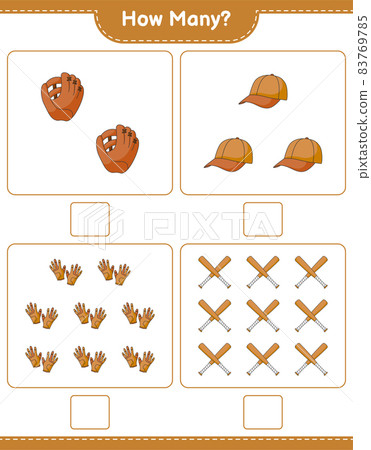 Counting game, how many Baseball Glove, Golf Gloves, Cap Hat, and Baseball Bat. Educational children game, printable worksheet, vector illustration 83769785