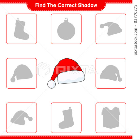 Find the correct shadow. Find and match the correct shadow of Santa Hat. Educational children game, printable worksheet, vector illustration 83770275