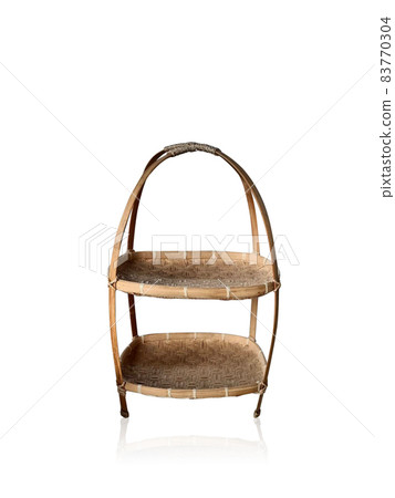 front view two bamboo shelves, bamboo shelves for food, snacks or small items for display, on white background front view two bamboo shelves, bamboo shelves for food, snacks or small items for display, on white background 83770304