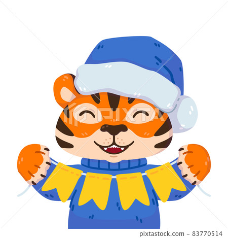 Smiling tiger with santa hat, warm sweater and festive garland flags. Chinese zodiac animal. Symbol of the new year 2022, 2034. Vector illustration isolated on white background. Smiling tiger with santa hat, warm sweater and festive garland flags. Chinese zodiac animal. Symbol of the new year 2022, 2034. Vector illustration isolated on white background. 83770514