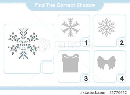Find the correct shadow. Find and match the correct shadow of Snowflake. Educational children game, printable worksheet, vector illustration Find the correct shadow. Find and match the correct shadow of Snowflake. Educational children game, printable worksheet, vector illustration 83770652