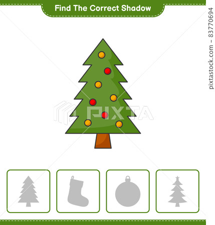 Find the correct shadow. Find and match the correct shadow of Christmas Tree. Educational children game, printable worksheet, vector illustration Find the correct shadow. Find and match the correct shadow of Christmas Tree. Educational children game, printable worksheet, vector illustration 83770694