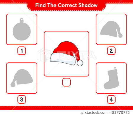 Find the correct shadow. Find and match the correct shadow of Santa Hat. Educational children game, printable worksheet, vector illustration Find the correct shadow. Find and match the correct shadow of Santa Hat. Educational children game, printable worksheet, vector illustration 83770775