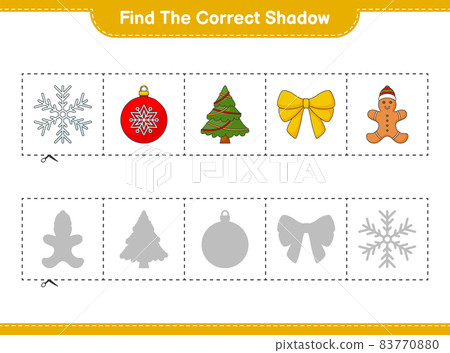 Find the correct shadow. Find and match the correct shadow of Snowflake, Christmas Ball, Christmas Tree, Ribbon, and Gingerbread Man. Educational children game, printable worksheet, vector 83770880