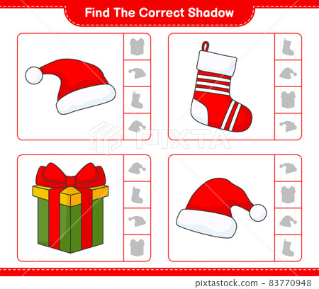Find the correct shadow. Find and match the correct shadow of Santa Hat, Gift Box, and Christmas Sock. Educational children game, printable worksheet, vector illustration 83770948