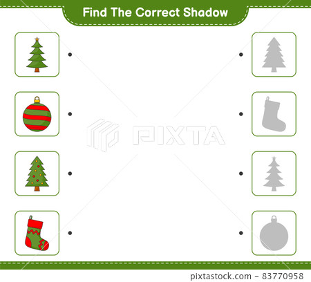 Find the correct shadow. Find and match the correct shadow of Christmas Tree, Christmas Ball, and Christmas Sock. Educational children game, printable worksheet, vector illustration 83770958