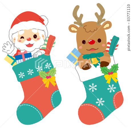 Santa Claus and reindeer in socks with Christmas gifts 83771110