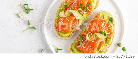 Open sandwiches with salted salmon, guacamole avocado and microgreens. Seafood. Healthy food. Top view. Banner. 83771159