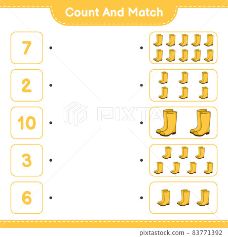 Count and match, count the number of Rubber Boots and match with the right numbers. Educational children game, printable worksheet, vector illustration 83771392