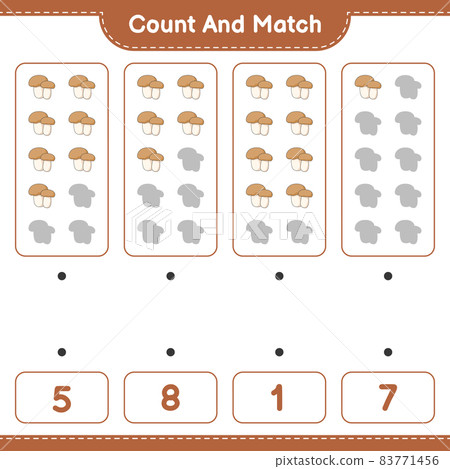 Count and match, count the number of Mushroom Boletus and match with the right numbers. Educational children game, printable worksheet, vector illustration 83771456