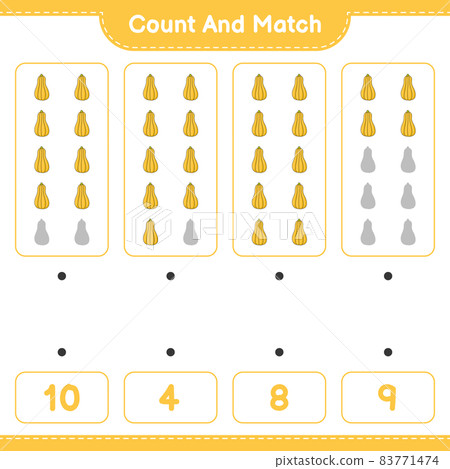 Count and match, count the number of Butternut Squash and match with the right numbers. Educational children game, printable worksheet, vector illustration 83771474