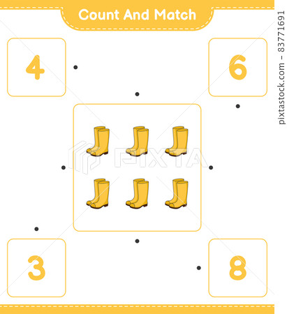 Count and match, count the number of Rubber Boots and match with the right numbers. Educational children game, printable worksheet, vector illustration Count and match, count the number of Rubber Boots and match with the right numbers. Educational children game, printable worksheet, vector illustration 83771691