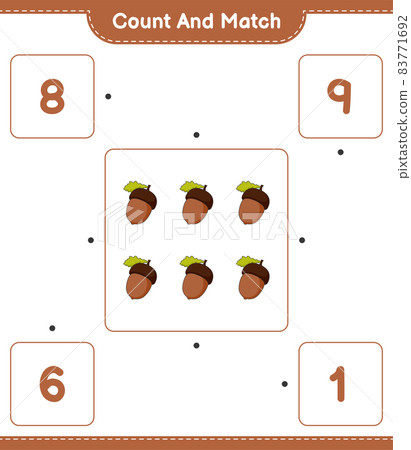 Count and match, count the number of Acorn and match with the right numbers. Educational children game, printable worksheet, vector illustration Count and match, count the number of Acorn and match with the right numbers. Educational children game, printable worksheet, vector illustration 83771692