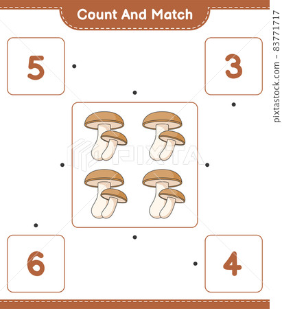 Count and match, count the number of Shiitake and match with the right numbers. Educational children game, printable worksheet, vector illustration Count and match, count the number of Shiitake and match with the right numbers. Educational children game, printable worksheet, vector illustration 83771717