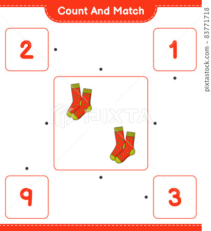 Count and match, count the number of Socks and match with the right numbers. Educational children game, printable worksheet, vector illustration Count and match, count the number of Socks and match with the right numbers. Educational children game, printable worksheet, vector illustration 83771718