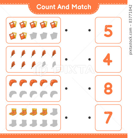 Count and match, count the number of Oak Leaf, Socks, Book, Croissant and match with the right numbers. Educational children game, printable worksheet, vector illustration 83771842