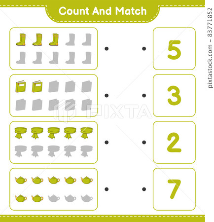 Count and match, count the number of Scarf, Book, Rubber Boots, Teapot and match with the right numbers. Educational children game, printable worksheet, vector illustration Count and match, count the number of Scarf, Book, Rubber Boots, Teapot and match with the right numbers. Educational children game, printable worksheet, vector illustration 83771852