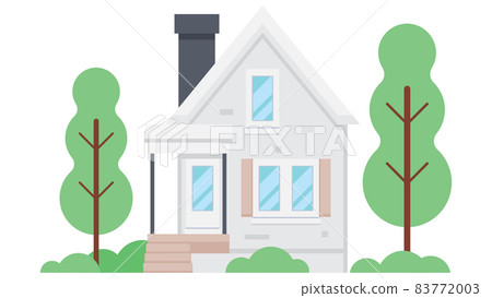 Suburban house exterior front view with roof and some trees. Polygonal style house or building. Flat design vector illustration. 83772003