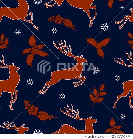 Deer silhouette on a seamless pattern. Red animals on a blue background with snowflakes. Vector illustration. 83772029