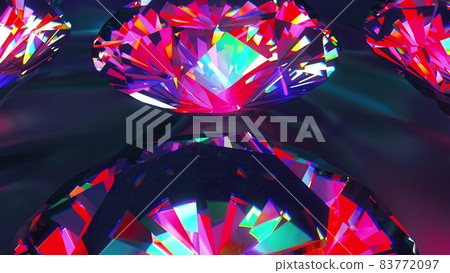 Sparkling iridescent diamonds of fancy round cut style, slowly rotating. Computer generated 3d render. Beautiful background 83772097