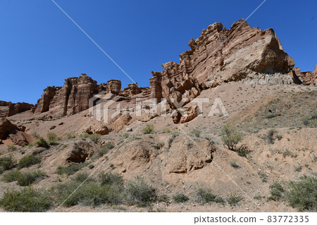 Canyon sunlit view with rocks and a pronounced texture of a yellowish stone 83772335