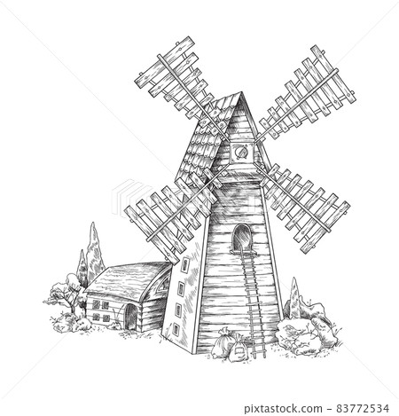 Vintage windmill in rural landscape, hand drawn... - Stock Illustration ...