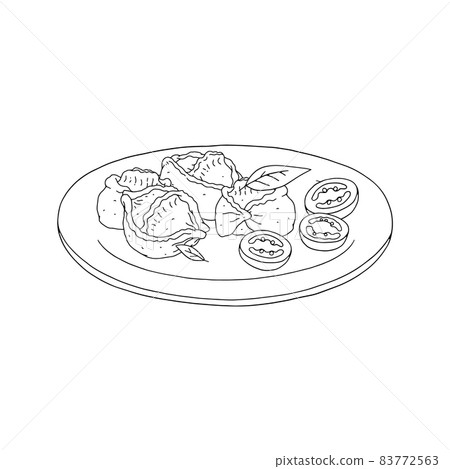 Dumplings manti on plate hand-drawn illustration isolated on white background. 83772563