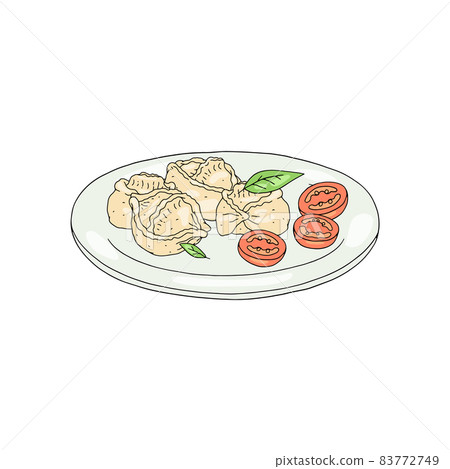 Manty, dumplings on plate with sliced tomato, greens in sketch vector Manty, dumplings on plate with sliced tomato, greens in sketch vector 83772749