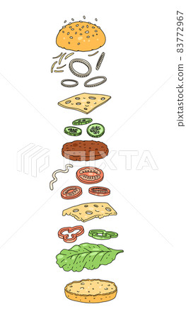 Flying burger ingredients in hand drawn sketch style - flat vector illustration isolated on white background. 83772967