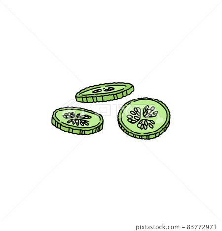 Fresh thin cucumber slices, hand drawn engraving vector illustration isolated. 83772971