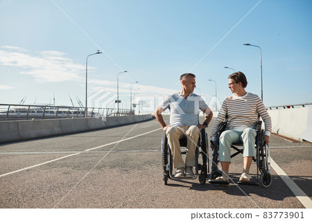 Couple in Wheelchairs Outdoors 83773901
