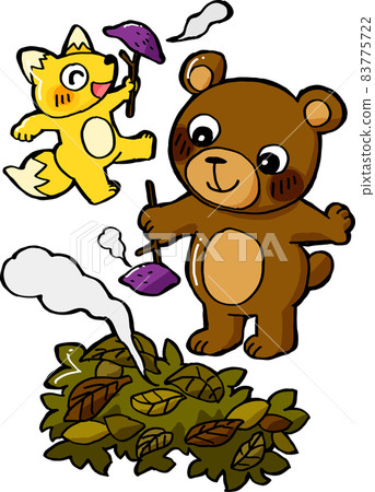 熊和狐狸在篝火上製作和吃烤紅薯 83775722