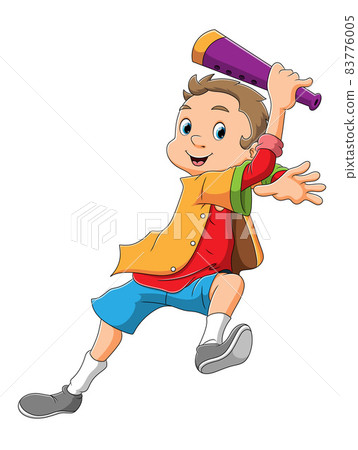 The boy is holding the flute with the happy expression The boy is holding the flute with the happy expression 83776005