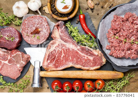 top view meat with tomatoes chili. High quality beautiful photo concept top view meat with tomatoes chili. High quality beautiful photo concept 83776041