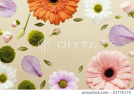 top view spring gerbera flowers with daisies leaves. High quality beautiful photo concept top view spring gerbera flowers with daisies leaves. High quality beautiful photo concept 83776179