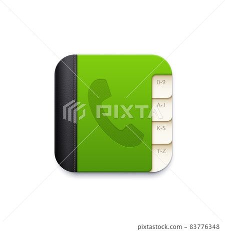 Phone book vector icon of contact app button. Isolated 3d notebook of address book or telephone directory with alphabet index tabs, leather cover and phone tube symbol, web and mobile application 83776348