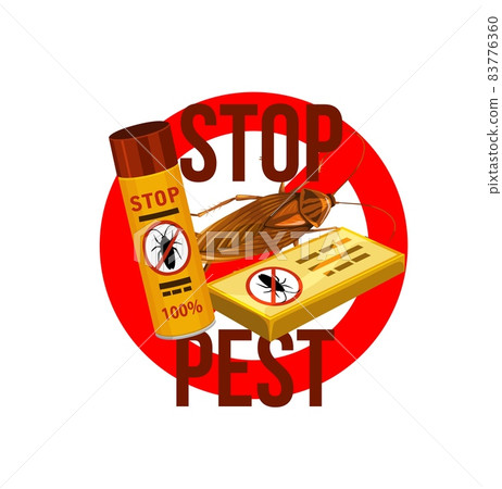 Stop pest icon, cockroach repellents and fumigators, vector disinfection emblem. Pest control and domestic insects extermination service sanitary disinfection and disinfestation Stop pest icon, cockroach repellents and fumigators, vector disinfection emblem. Pest control and domestic insects extermination service sanitary disinfection and disinfestation 83776360