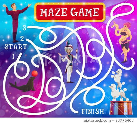 Circus labyrinth maze game. Kids education vector maze with start to finish way, logic riddle or board game with cartoon acrobat, magician and snake charmer girl characters, dogs and seal Circus labyrinth maze game. Kids education vector maze with start to finish way, logic riddle or board game with cartoon acrobat, magician and snake charmer girl characters, dogs and seal 83776403