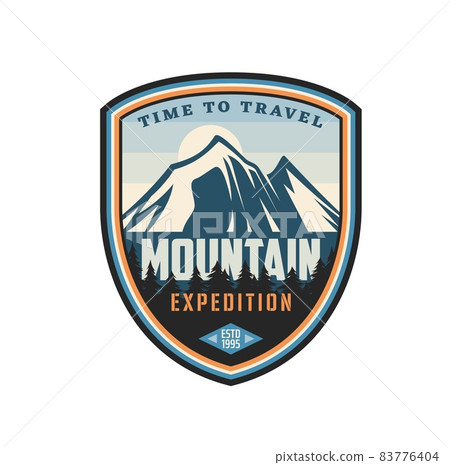 Mountain expedition icon, alpine sport tourism or hiking and trekking adventure club vector emblem. Mountaineering and Alps camping or scout tours, backpacking outdoor activity Mountain expedition icon, alpine sport tourism or hiking and trekking adventure club vector emblem. Mountaineering and Alps camping or scout tours, backpacking outdoor activity 83776404