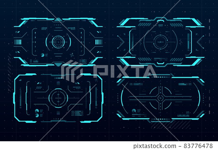 HUD aim control frame interface, futuristic target vector screen ui of Sci Fi game. Hologram dashboard panels with digital target crosshairs and neon viewfinder frame borders, vr head up display 83776478